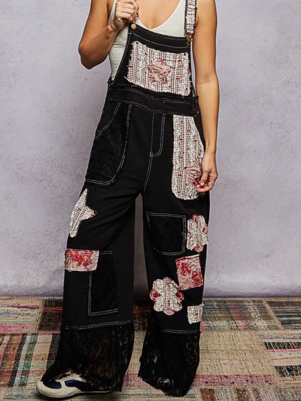 NEW POL: The Orianna”Black double gauze Patchwork Floral Lace Overalls
